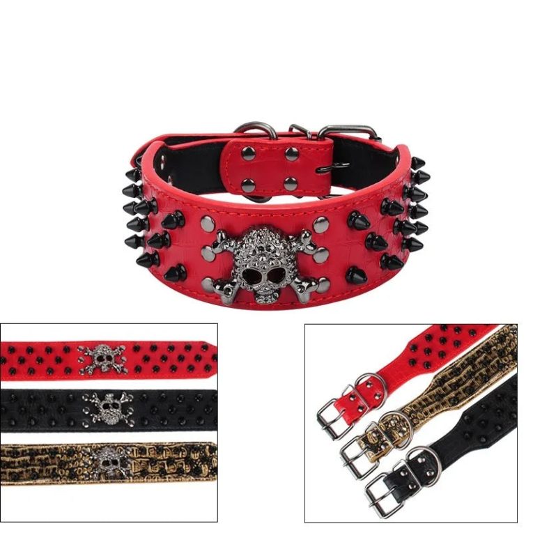 2-Wide-Spiked-Studded-Leather-Dog-Collar-Bullet-Rivets-with-Cool-Skull-Pet-Accessories-for-Meduim