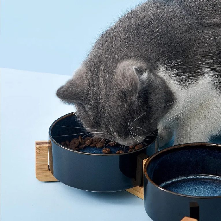 Starry-Ceramic-Cat-and-Dog-Bowl-Drinking-Water-Double-Bowl-with-Wooden-Frame-Protective-Cervical-Spine