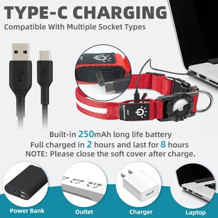 USB-Chargeable-Dog-Collar-for-Apple-Airtag-GPS-WaterProof-Pet-Collar-Led-Finder-Light-Swimming-Dog